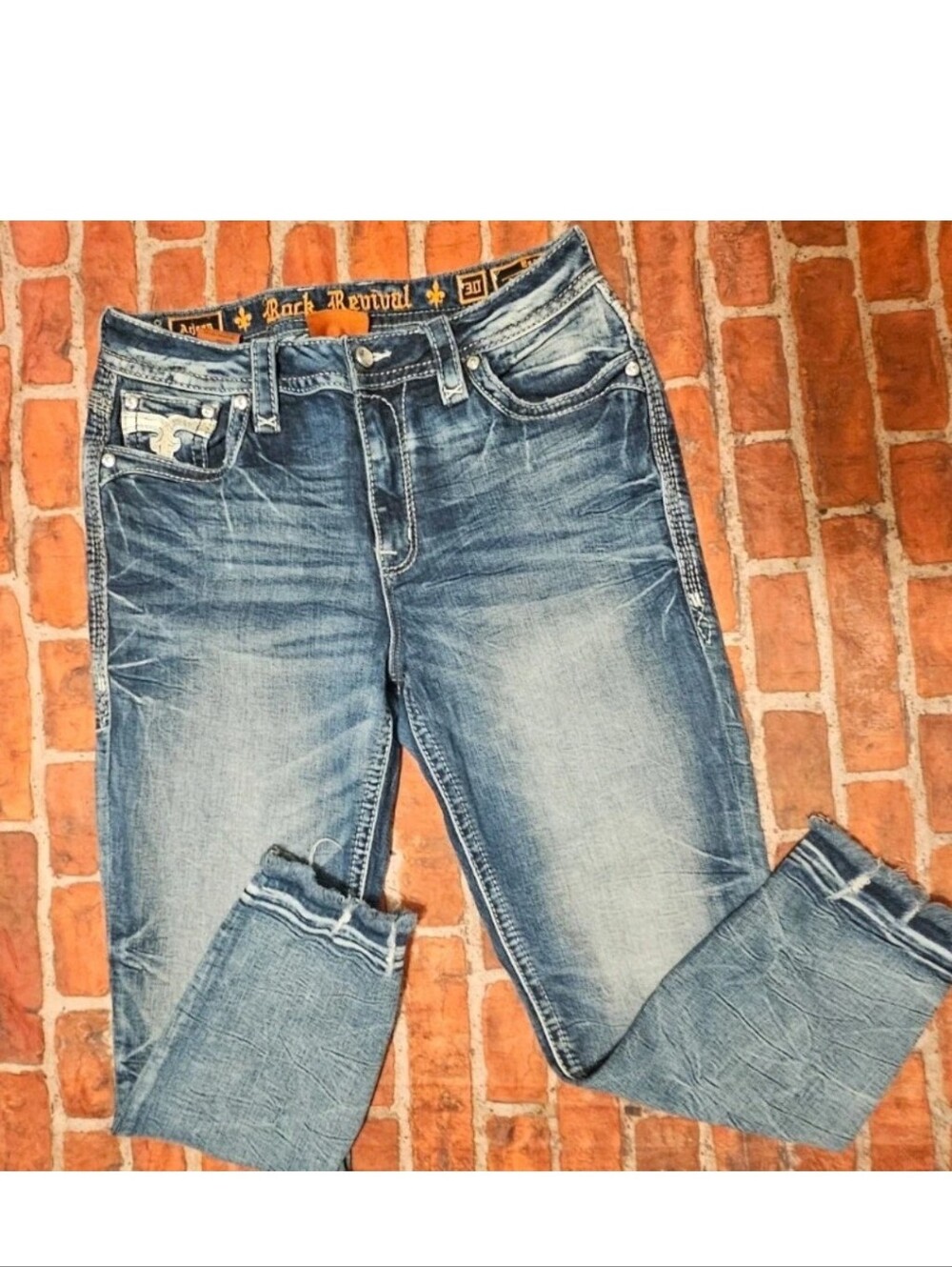 Rock Revival Anjean Easy Ankle Skinny Jeans Sz 30 Distressed Rhinestone